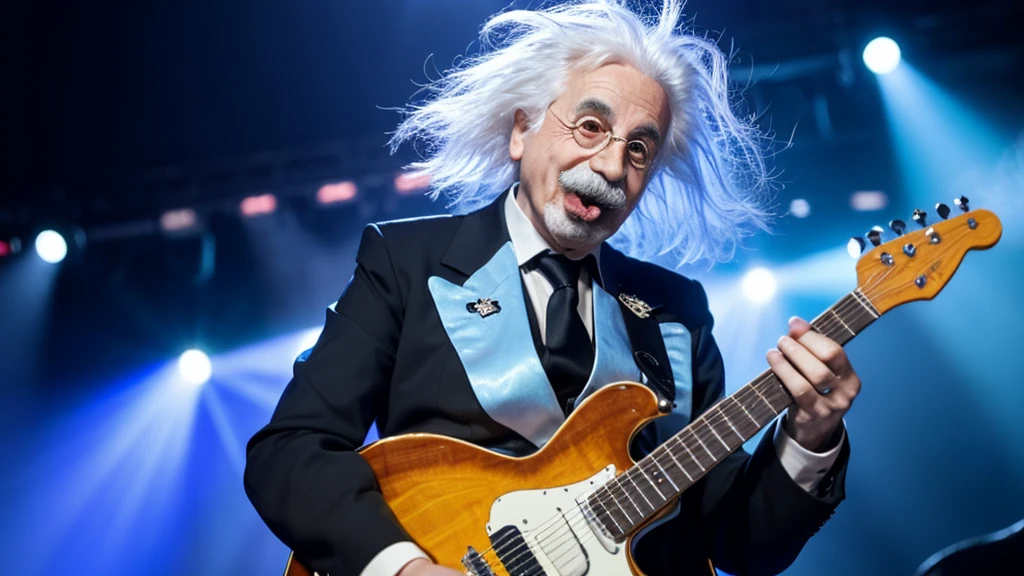 Einstein with wild, white hair and a pronounced mustache, akin to a caricature of a scientist, is energetically playing an electric guitar. He is wearing a formal black suit with a white shirt. The background is smoky, suggesting a concert or performance setting, with blue lights illuminating the scene. His tongue is sticking out in an exaggerated manner, adding a humorous touch to the image