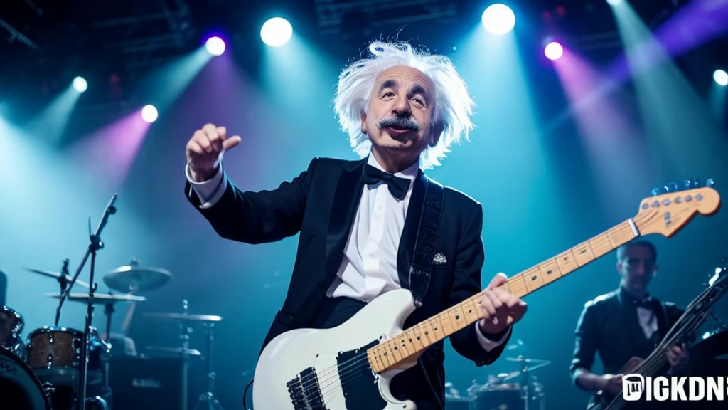 Einstein with wild, white hair and a pronounced mustache, akin to a caricature of a scientist, is energetically playing an electric guitar. He is wearing a formal black suit with a white shirt. The background is smoky, suggesting a concert or performance setting, with blue lights illuminating the scene. His tongue is sticking out in an exaggerated manner, adding a humorous touch to the image