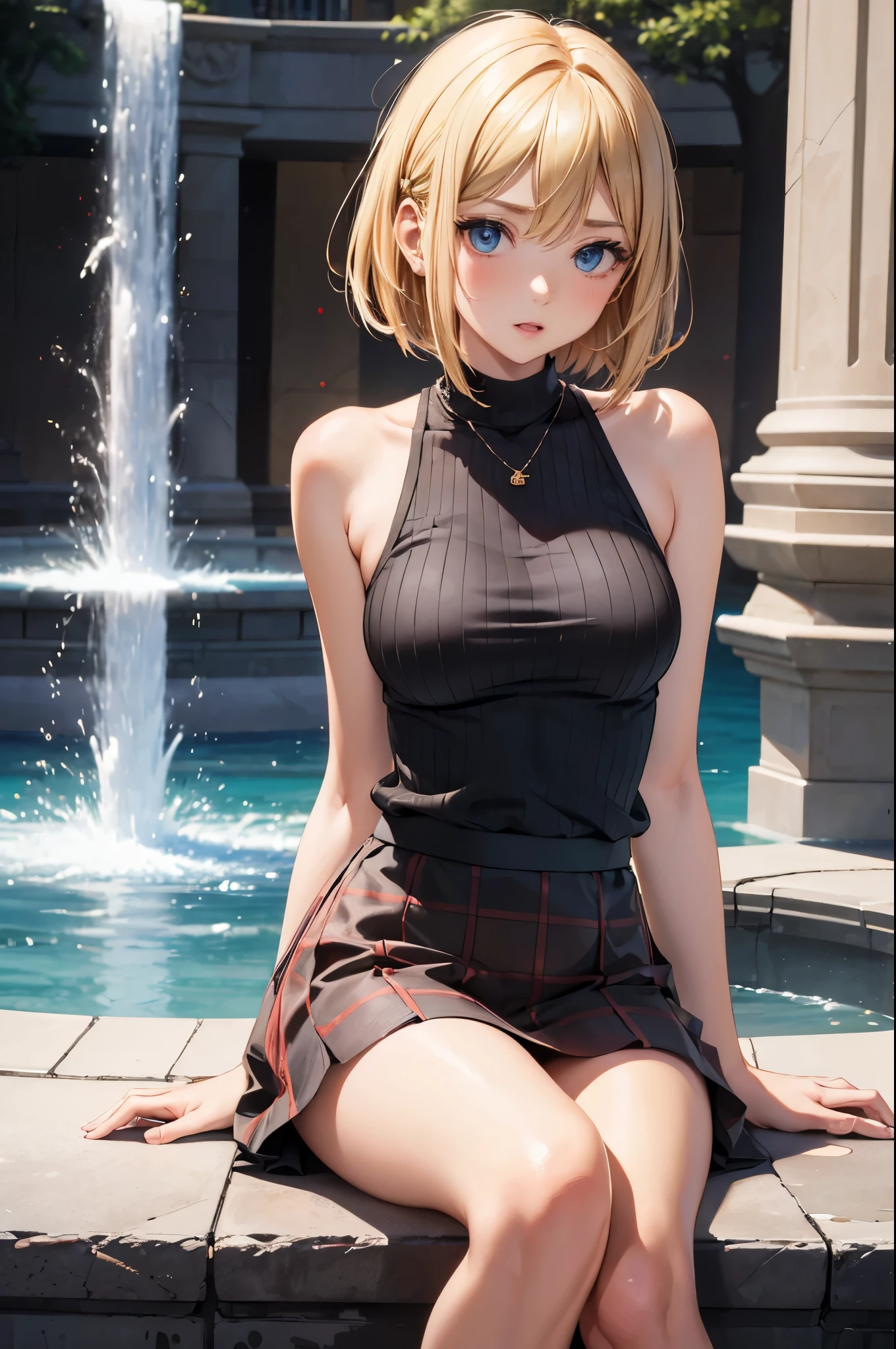 best quality, super fine, 16k, incredibly absurdres, extremely, cute European Caucasian woman, 24 years old, captivating look, aroused expression, blonde long bob cut, wearing Burberry checked skirt, black tank top sweater with braided pattern, superlative body proportion, sitting in fountain plaza