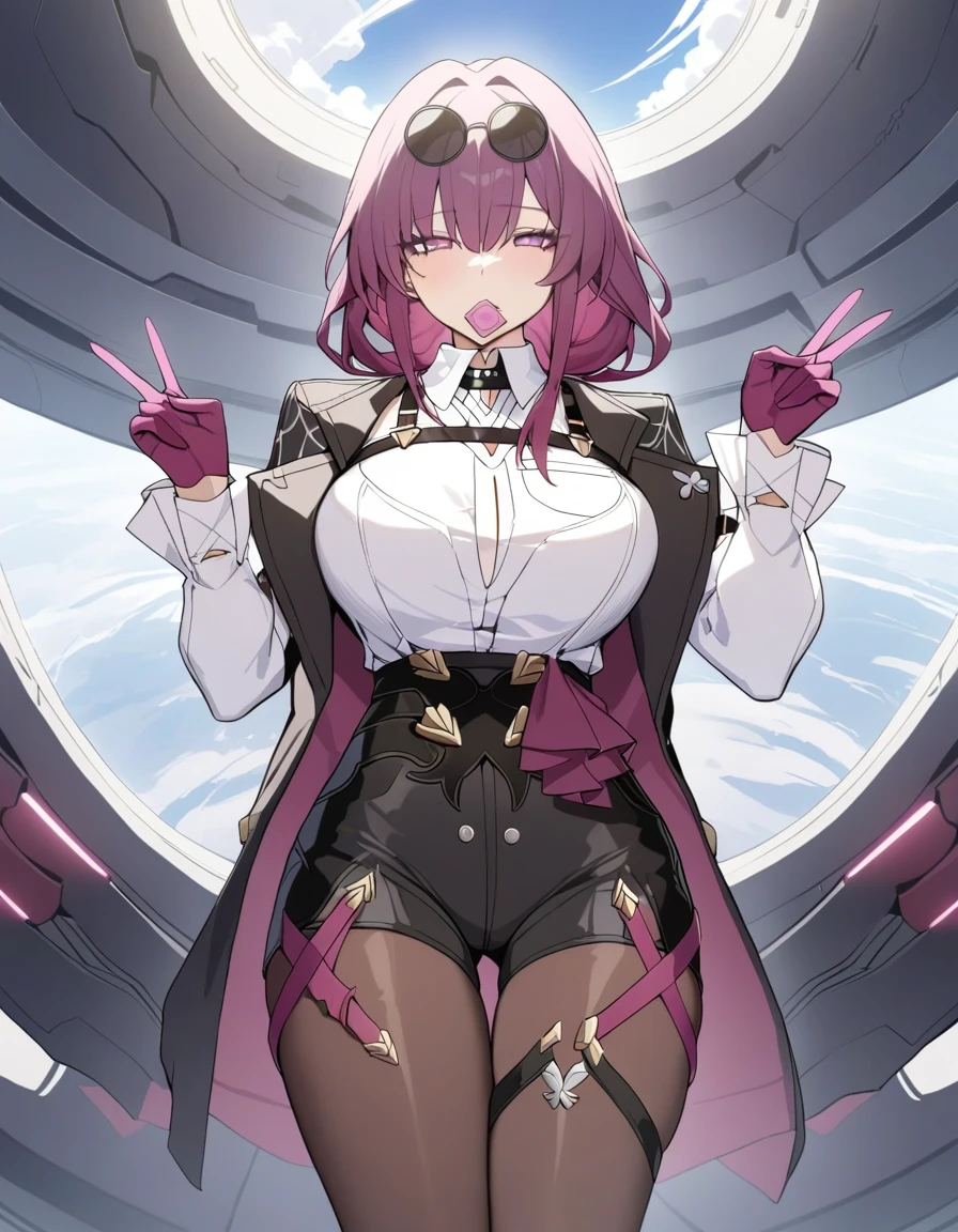 masterpiece, best quality, very aesthetic, absurdres, newest,1girl,upper body,Condom in mouth, double V gesture,blush,,kafka_(honkai:_star_rail), honkai:_star_rail, honkai_(series), 1girl, arm_belt, asymmetrical_legwear, belt, black_jacket, black_shorts, boots, breasts, butterfly_ornament, collared_shirt, eyewear_on_head, gloves, hair_between_eyes, high-waist_shorts, jacket, knee_boots, large_breasts, long_hair, multiple_belts, open_clothes, open_jacket, pantyhose, pantyhose_under_shorts, purple_eyes, purple_gloves, purple_hair, purple_pantyhose, round_eyewear, shirt, short_shorts, shorts, sidelocks, sunglasses, white_shirt,,in a spaceship