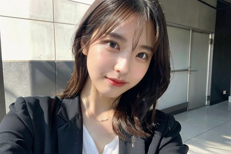 Black jacket over a white shirt、Japanese office lady clothes、Large Breasts、A little bit of cleavage is visible through the shirt.、Photographed in natural light、Highly detailed face and skin texture、Highly detailed lips、The correct state of the human body、Ultra-high resolution、(Photorealistic:1.4)、Highest quality, One beautiful woman, 30 years old, s, Selfie with mobile phone、Selfie style、Office Style Background,Concrete Background、Tile Background、(Dark brown long hair)、Black-haired、Long hair Japanese woman、(Dark brown hair)、Various poses、profile、Natural color lip、Spring Clothes、 necklace