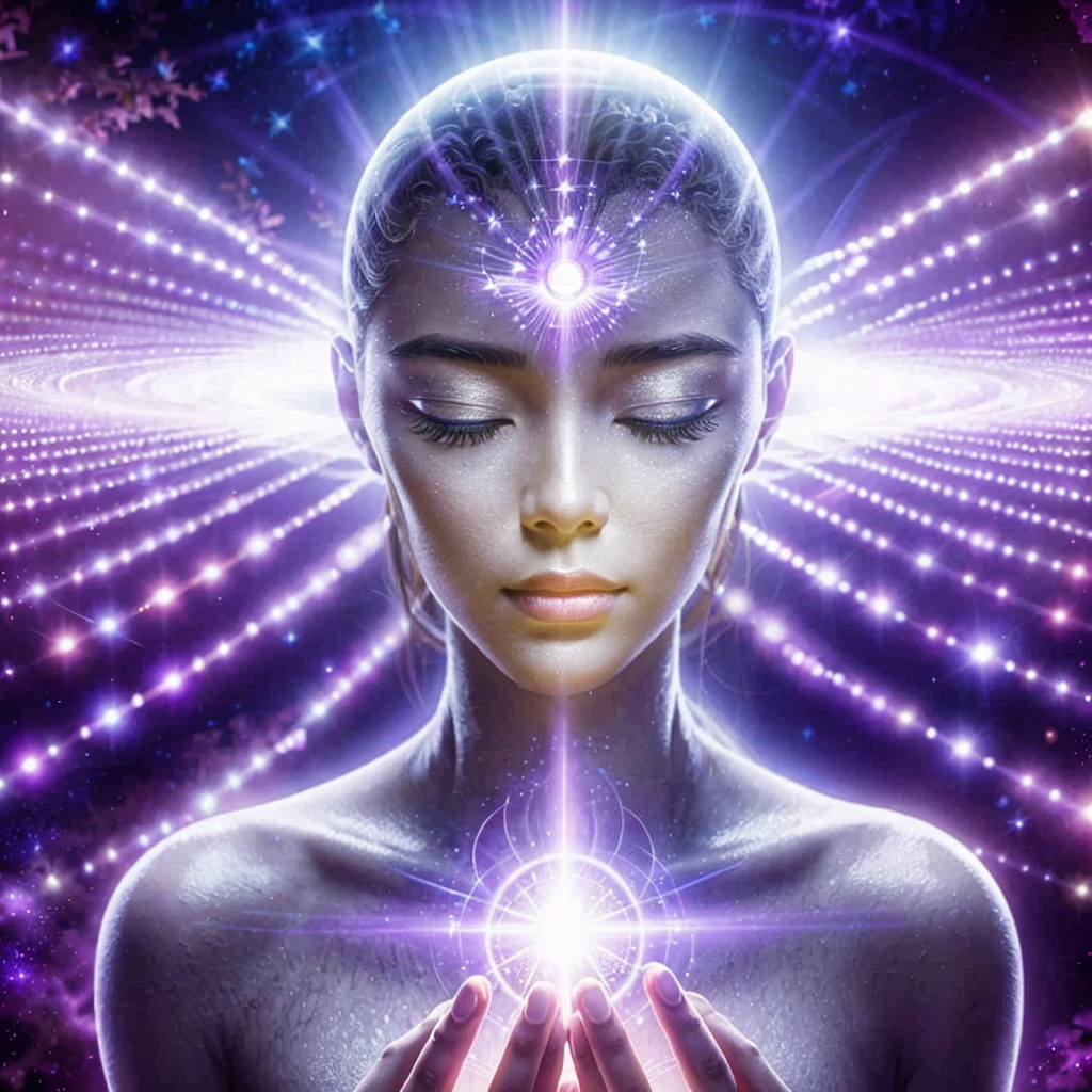 very real image, Beautiful oval face of an extraterrestrial Goddess, with very light skin, smooth and pearly, is meditating, His eyes are closed, has a bright and illuminated third eye. In the background there is a purple and white crystalline magnetic grid. Photorealism, Full view, very detailed image, very realistic, hyperrealism, ultra hd, 8k, 5, sharp focus,intricate and mysterious masterpiece. (Long exposure photography Very detailed close-up portrait artistic illustration: final quality, medium shot, backlight, Rich and striking. Enigmatic and mysterious manipulations (Composition of the rule of thirds), ((detailed environment with strong lines) The best quality, in camera, white light, warm and clean aesthetics, dazzling screen composed of millions of brilliant ultraviolet rays, HDR.