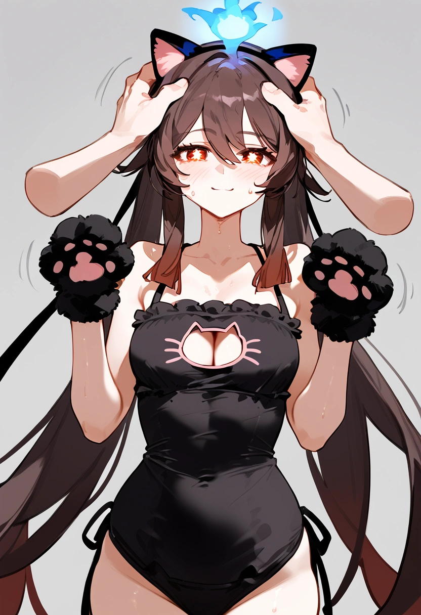 anime artwork, score_9, score_8_up, score_7_up, score_6_up, score_5_up, score_4_up, hu tao, she is 24 years old, style_3, gray background, , , , , _, fake cat ears,, smile, solo, cat lingerie, paw gloves, disembodied hand on her head, headpat, nervous sweating , motion lines