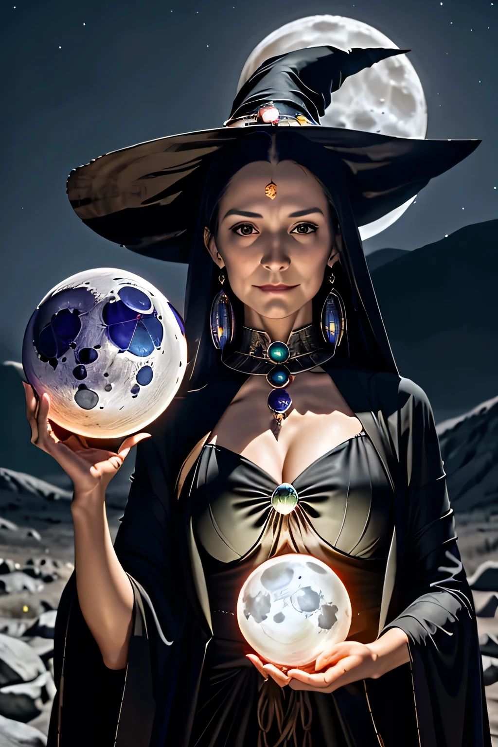 1 witch woman, looking at the viewer, in front of her cauldron, holding a crystal ball in her hands, night with moon in the background, fantasy, (realistic face), half body,
