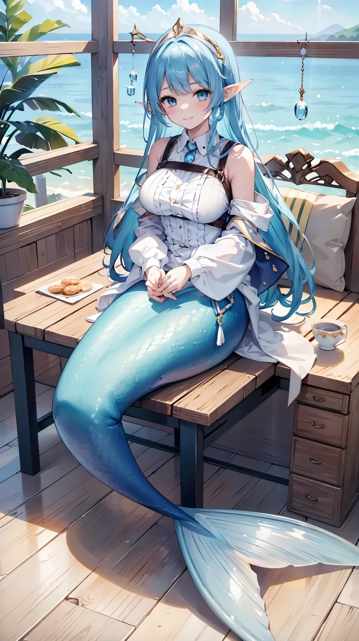 masterpiece, best quality,A girl,Blue Hair, blue eyes, Elf ears,独奏,Large Breasts,Mermaid,蓝色的Mermaid尾巴,full-body shot,charming face(Kawaii, charming,Soft),sit on the chair,Sea view from the window,Looking at the audience,Smile