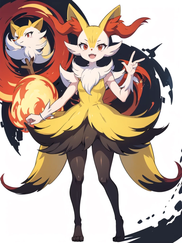 1girl, solo, looking at viewer, smile, open mouth, simple background, red eyes, white background, holding, animal ears, standing, tail, full body, fang, hand up, signature, flat chest, animal ear fluff, fox ears, pokemon (creature), fox tail, happy, fox girl, furry, skin fang, furry female, body fur, white fur, animal nose, snout, stick, yellow fur, black fur, holding stick, digitigrade, multicolored fur , braixen, 8K, masterpiece, beautiful