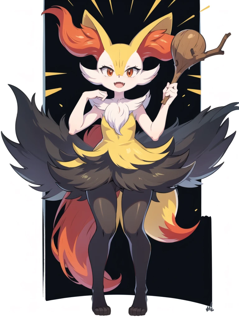 1girl, solo, looking at viewer, smile, open mouth, simple background, red eyes, white background, holding, animal ears, standing, tail, full body, fang, hand up, signature, flat chest, animal ear fluff, fox ears, pokemon (creature), fox tail, happy, fox girl, furry, skin fang, furry female, body fur, white fur, animal nose, snout, stick, yellow fur, black fur, holding stick, digitigrade, multicolored fur , braixen, 8K, masterpiece, beautiful