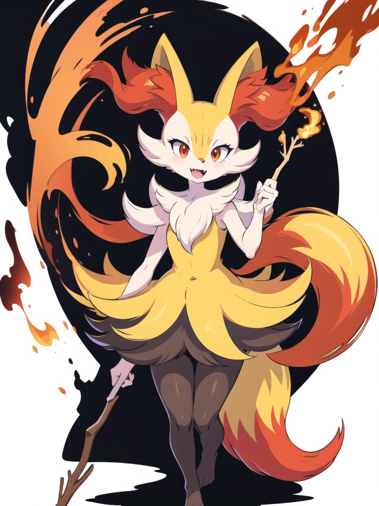 1girl, solo, looking at viewer, smile, open mouth, simple background, red eyes, white background, holding, animal ears, standing, tail, full body, fang, hand up, signature, flat chest, animal ear fluff, fox ears, pokemon (creature), fox tail, happy, fox girl, furry, skin fang, furry female, body fur, white fur, animal nose, snout, stick, yellow fur, black fur, holding stick, digitigrade, multicolored fur , braixen, 8K, masterpiece, beautiful