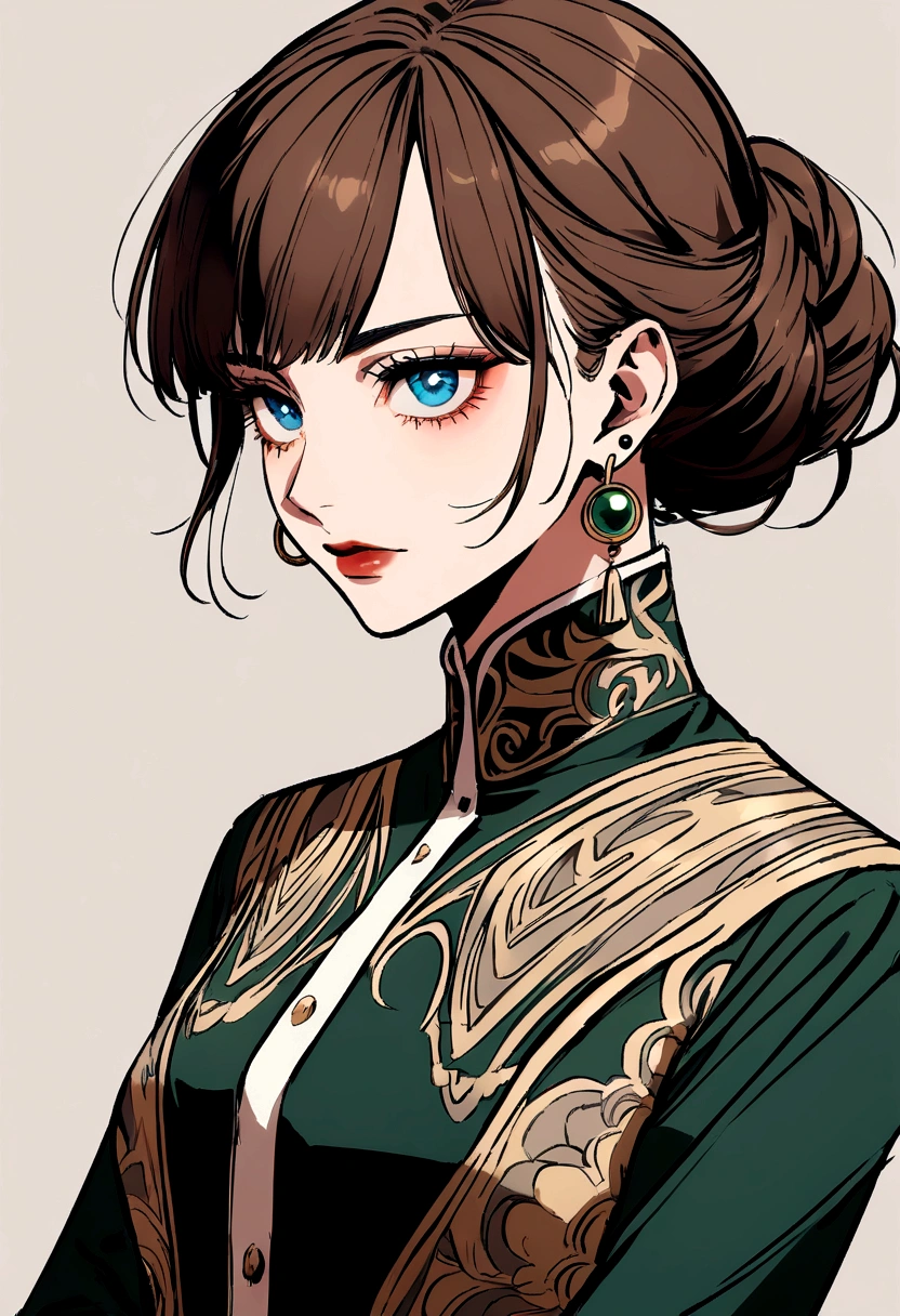 - Graceful and elegant with a striking presence.
- Long, wavy dark brown hair and piercing blue eyes.
- Often depicted in a blend of traditional and modern attire, reflecting her unique heritage and style.
- Radiates confidence and intelligence through her posture and expressions. Jujutsu kaisen art style