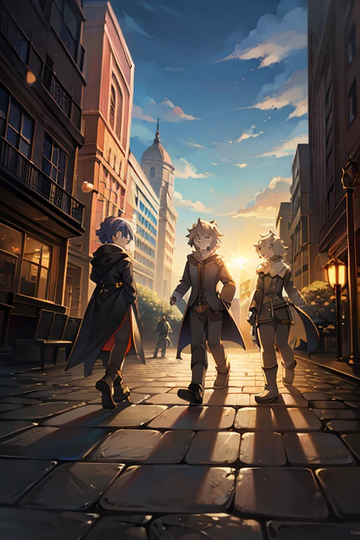 During a day,noon,sun,a Beatles-inspired group of four blave mans walk across a crosswalk, reminiscent, reminiscent of the Abbey Road album cover. BREAK Each of the four individuals is dressed differently, walking in tile. BREAK 馬車 and buildings surround them, atmosphere.Break masterpiece,ultra quality,best quality,ultra detailed,super detailed,super fine illustration,8K,8K quality,in 8K,8K background,beautiful background,anime style,artistic,perfect face,perfect hands,