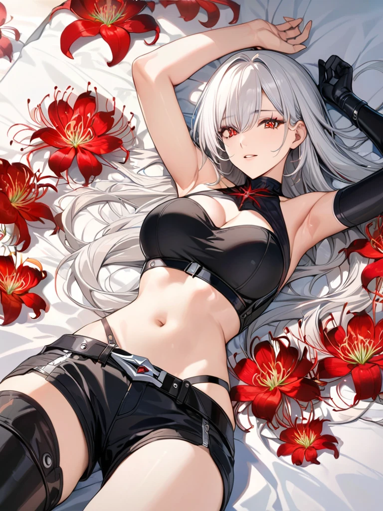 (masterpiece, top quality, best quality, official art, beautiful and aesthetic:1.2),(8k, best quality, masterpiece:1.2), (((masterpiece))),(((best quality))),(((extremely detailed))),illustration,who, (masterpiece, top quality, best quality, official art, beautiful and aesthetic:1.2),(8k, best quality, masterpiece:1.2), detailed, (masterpiece:1.2), (pale_skin:1.2), (solo:1.2), (female), slender, (glowing_eyes), red_eyes, shorts, long_hair, gloves, flower, navel, white_hair, armpits, spider_lily, black_gloves, short_shorts, tattoo, black_shorts, parted_lips, lying, single_glove, on_back, eyes_visible_through_hair, stomach, red_flower, bangs, belt, arm_up, midriff, asymmetrical_gloves, cowboy_shot, detached_sleeves, bare_shoulders, red_gloves