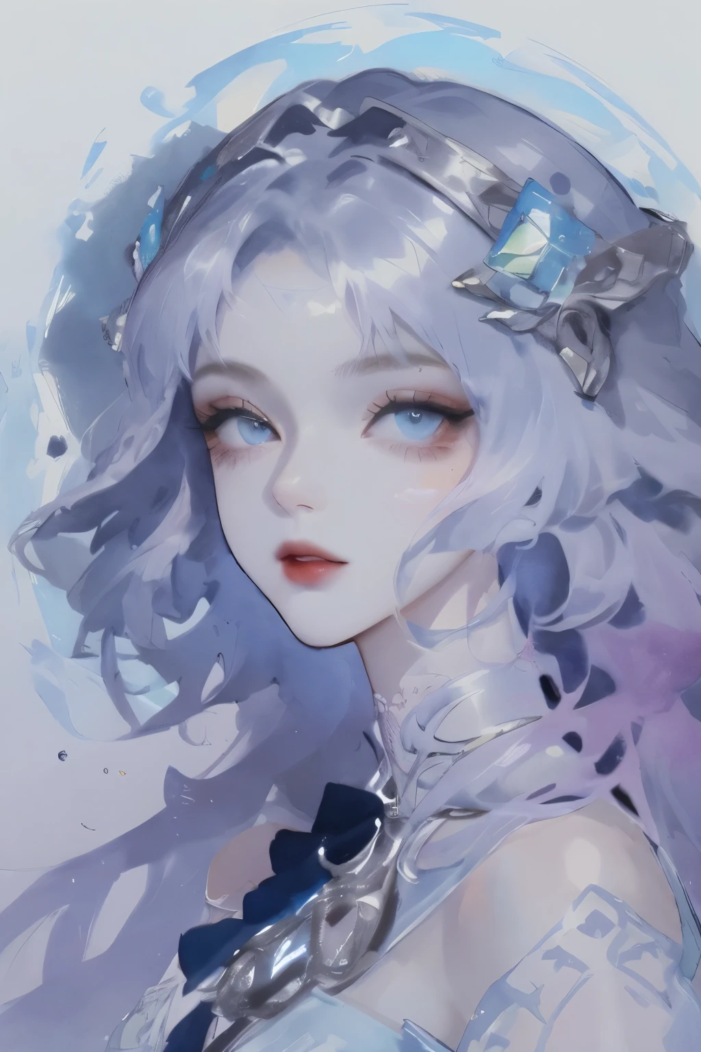 Sketch drawn with watercolor,A highly detailed head portrait showing her with flowers in her hair, Extremely detailed eyes, beautiful eyes, Image perfectly centered, White space around the drawing, Focus on facial lines, Drip watercolor, Ink Outline, The Artistic Fusion of Carnegie Griffith and Alphonse Mucha, 32k resolution, Best possible quality, like a doll