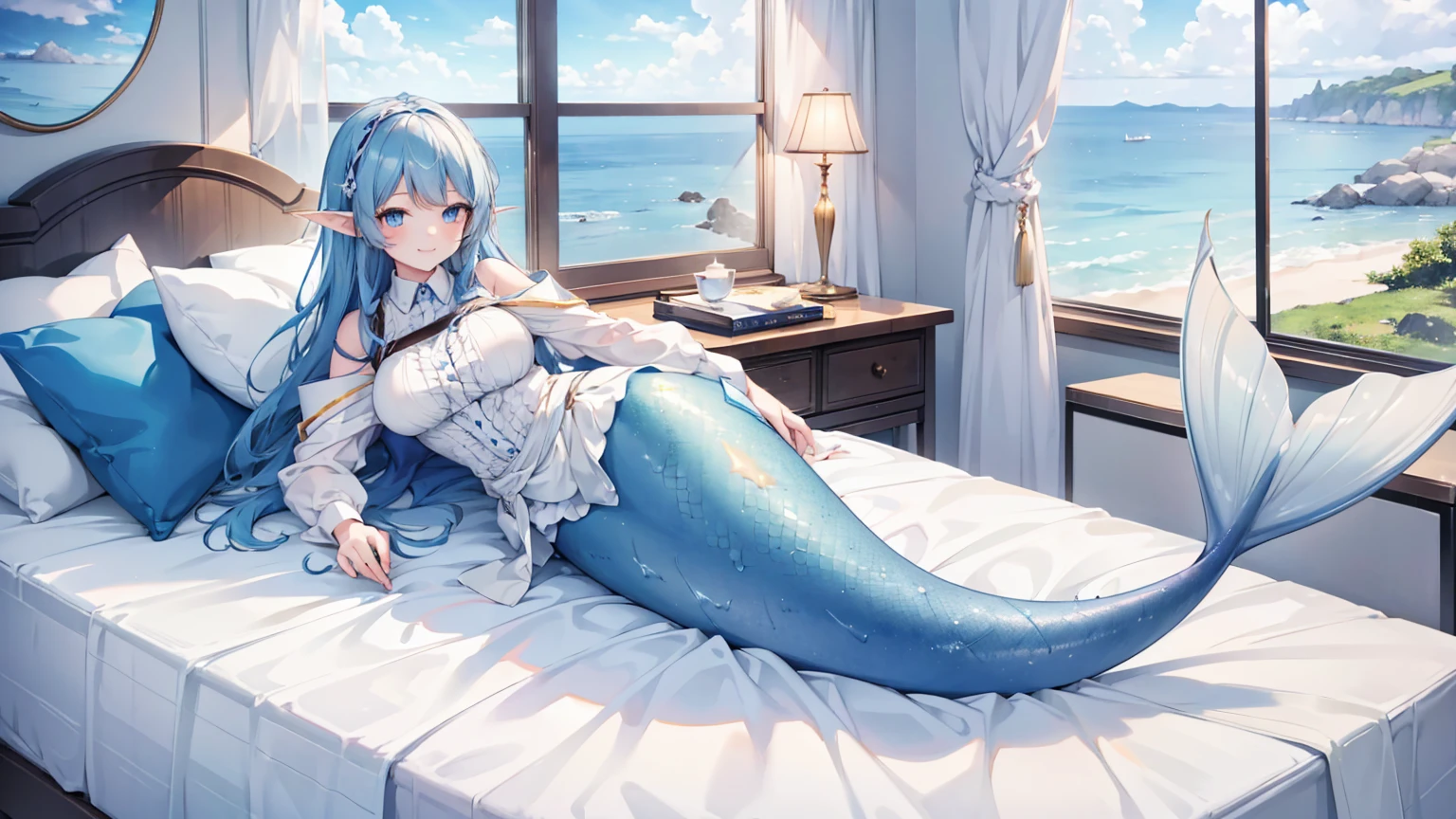 masterpiece, best quality,A girl,Blue Hair, blue eyes, Elf ears,独奏,Large Breasts,Mermaid,蓝色的Mermaid尾巴,full-body shot,charming face(Kawaii, charming,Soft),Lying in bed,Sea view from the window,Looking at the audience,Smile