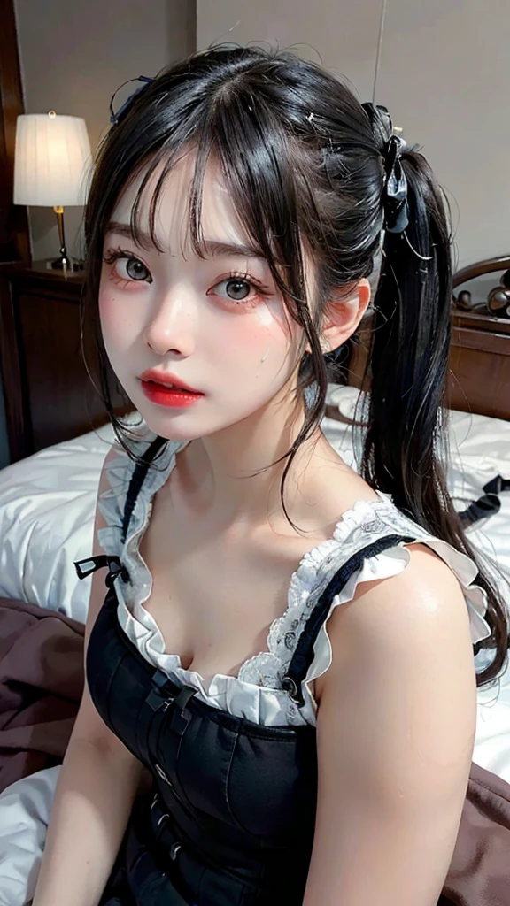 (Highest quality, masterpiece:1.3), ((Beautifully detailed face)), beautifully detailed skin, Intricate details, Very detailed, Best image quality in 8K, (18-year-old girl),Japanese Girls,Baby Face,(Detailed Hair,Twin tails:1.4,Black Hair),Detailed lips,Open your mouth,(bed),blush,Embarrassing,Realistic Face,Realistic Skin,(sexy:2.0,Clothes are disheveled),(Vibrant Skin,Moisturized Skin:1.2),Vivid lips,Lip gloss,The whole body is shown