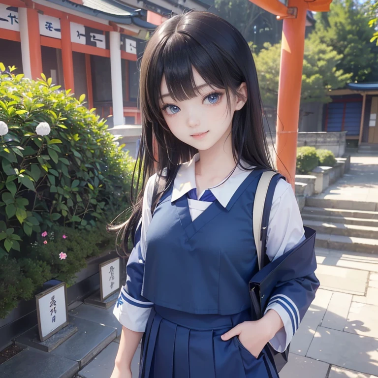 best quality, masterpiece,
Three Japanese-high-school-girls,
looking straight ahead and striking a gutsy pose are standing (separately:1.4), side by side,
wearing a short-sleeved Japanese-blue-high-school-sailor-suit,
(Japanese-blue-high-school-uniform:1.7),
Reddish bow tie, with a school bag,
((too much smile)), very cute, face, head and waist fully visible, (soft eyes:1.2)
upper arms hidden by clothes and hair,(innocent and pure high-school-girls:1.7)
,(The image shows only the upper body:1.7)
(only one well-shaped beautiful mount Fuji:1.2), (shrine:1.2), summer(season) ,(outdoors:1.5),