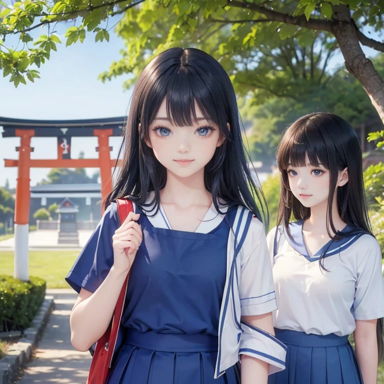 best quality, masterpiece, 

Three Japanese-high-school-girls, 

looking straight ahead and striking a gutsy pose are standing (separately:1.4), side by side, 

wearing  a short-sleeved Japanese-blue-high-school-sailor-suit,

(Japanese-blue-high-school-uniform:1.7),

 Reddish bow tie, with a school bag, 

((too much smile)), very cute, face, head and waist fully visible, (soft eyes:1.2)

upper arms hidden by clothes and hair,(innocent and pure high-school-girls:1.7)

,(The image shows only the upper body:1.7)

 (only one well-shaped beautiful mount Fuji:1.2), (shrine:1.2), summer(season) ,(outdoors:1.5),