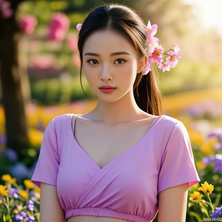 Araffe woman, beautiful,ponytail, long hairลอยปลิวขึ้น,black eyes, ผู้หญิงlong hairชาวเอเชียตะวันออกเฉียงใต้ที่มีใบหน้ากลม,  Large chest measures 38 inches., Warm light, morning sun,  long hair,black eyes,abdominal muscles, The body is beautiful and strong., rounded chest, (digital painting, HDR, high contrast), 3-D, 8K, 45,000,000 pixcls,Asian girl, Gorgeous Chinese model, Japanese model, beautiful asian woman, Japanese goddess, Very beautiful girl., beautiful young woman, very beautiful woman, Attractive and beautiful, sexy girl, Asian girl, beautiful female model, jaw-dropping beauty, Attractive face and body