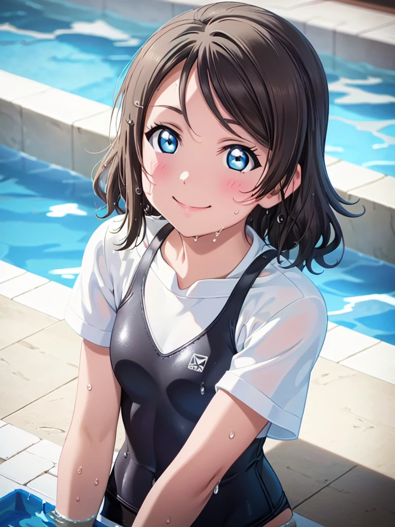 (Highest quality)),(Ultra-high resolution),(Very detailed),(Detailed Description),((The best CG)),(A masterpiece),Ultra-detailed art,Amazing painting art,(Art with precise details:1.5), Portraiture:1.6,Beautiful and well-proportioned face:1.5, (smile), Watanabe Yo, black competitive swimsuit, pool, in the pool, (wet:1.1), (water drops:1.1), (close up:1.3), (upper body:1.2), leaning forward, looking up, from above
