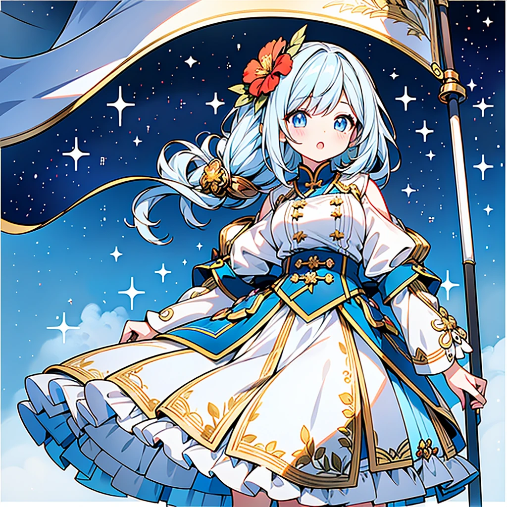 One girl、Dynamic configuration、marching band、(((masterpiece、Highest quality、Official Art、Very detailed、Handsome face、Dynamic configuration)))、Anime Style、(Milky white and blue hair:1.3),(blue eyes:1.4),(Bright colors:1.4),((麻の葉background:1.3)),, marching bandのユニフォームを着たクールな女の子, marching bandの帽子、mini skirt, Frills, Two hands holding a black and white gold embroidered flag,(background:Large red flag and gold flower embroidery on the back, Note, )、euphonium、Giant Flag、