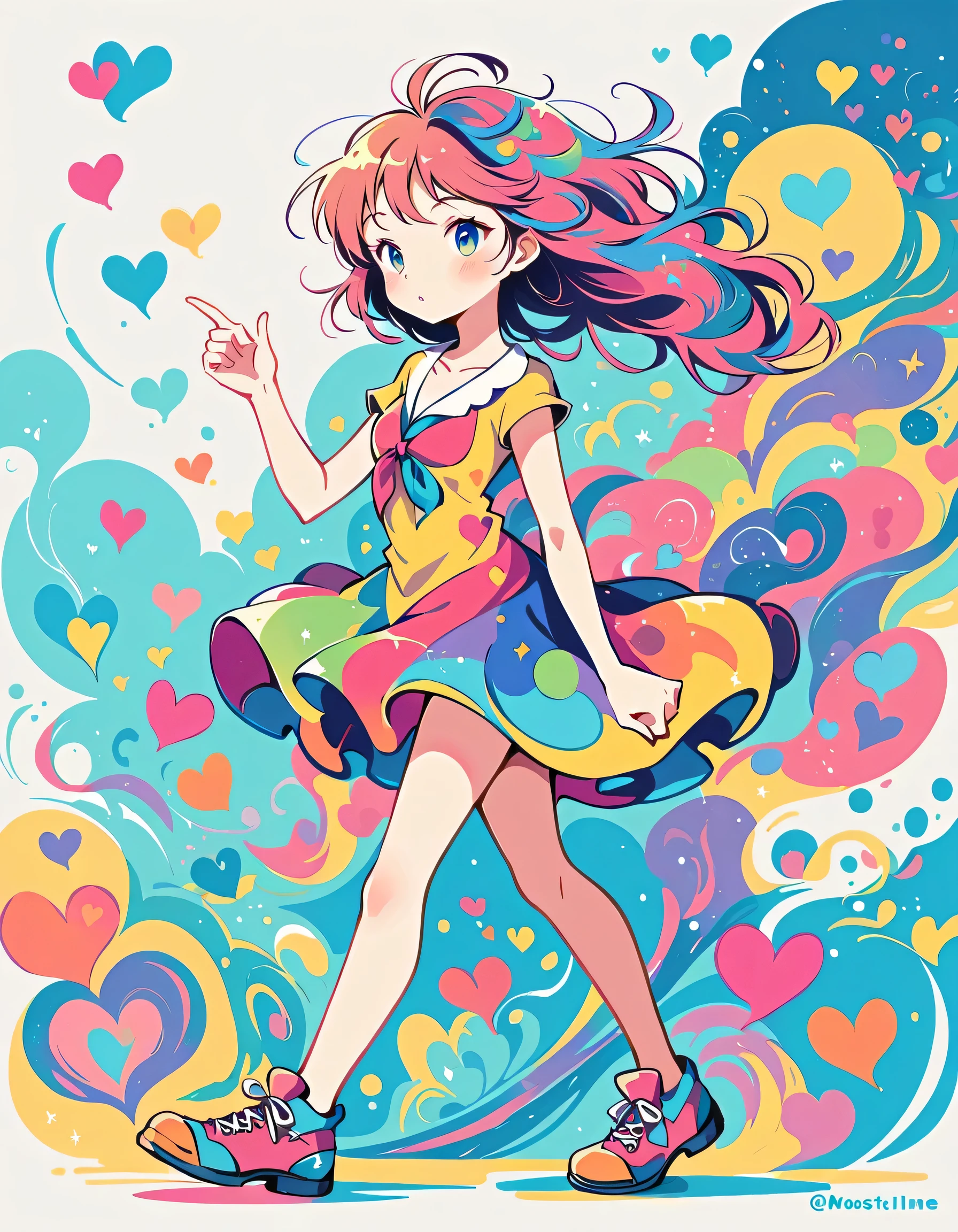 Vasily Kandinsky style, Simple Line Initialism,Abstract art,Urban Background, colorful hearts ,colorful hearts, (((The most beautiful girl of all time))), walking, Cute and colorful amoeba