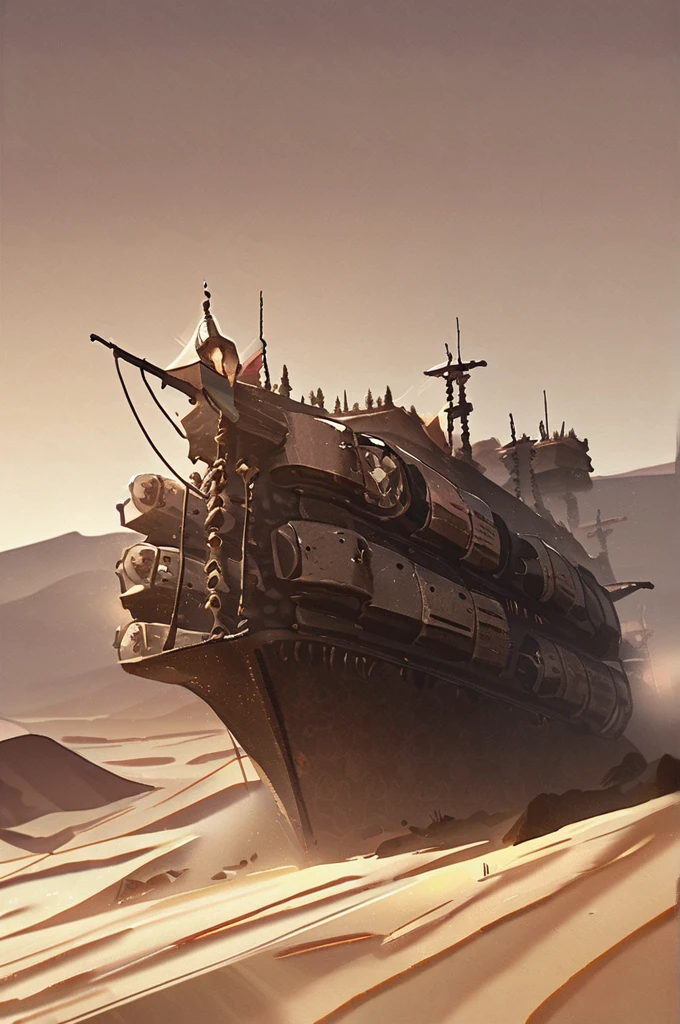 ((Лучшее качество)), ((шедевр)), (подробный), A post-apocalyptic ship on eight wheels traveling in the desert