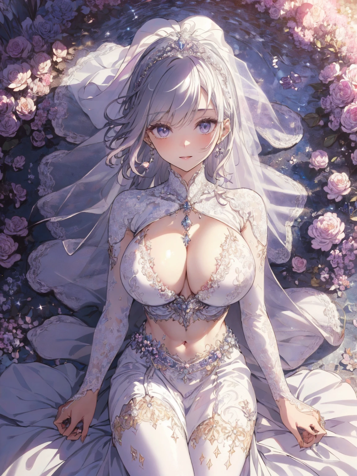 (wedding photo:1.1, in white garden:1.5), Masterpiece, best quality, (very detailed CG unity 8k wallpaper), (best quality), High definition RAW color art, Animation,sculptures, (pink Marble Skin), (((Ultra detailed elegant))), Magical atmosphere, Detailed skin, Texture,(Intricately detailed, Fine detail, ultra-detail art), depth of fields, bokeh, Silky Touch, Hyper Detail, beautiful eyes, Elegant Face, (posing on marble floor), sparkle background, enormous breast:1.3, witchcraft outfit, (silver hair, pastel purple), abs, muscle, smiley with embarrassing, wide open udder, ラベンダー