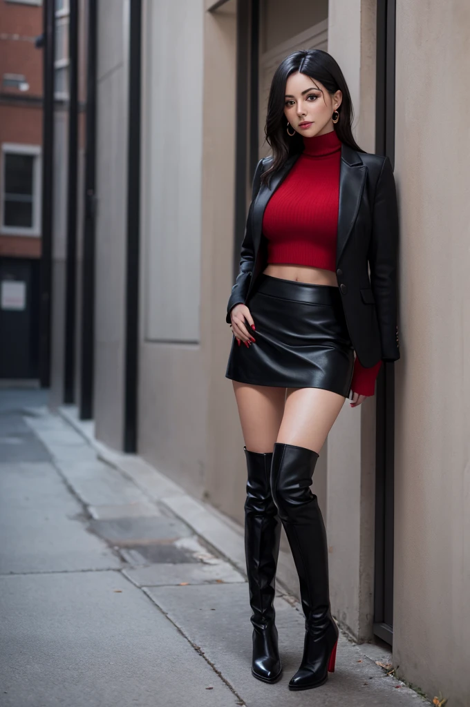 Monica, Black Skirt, red cropped, black boots