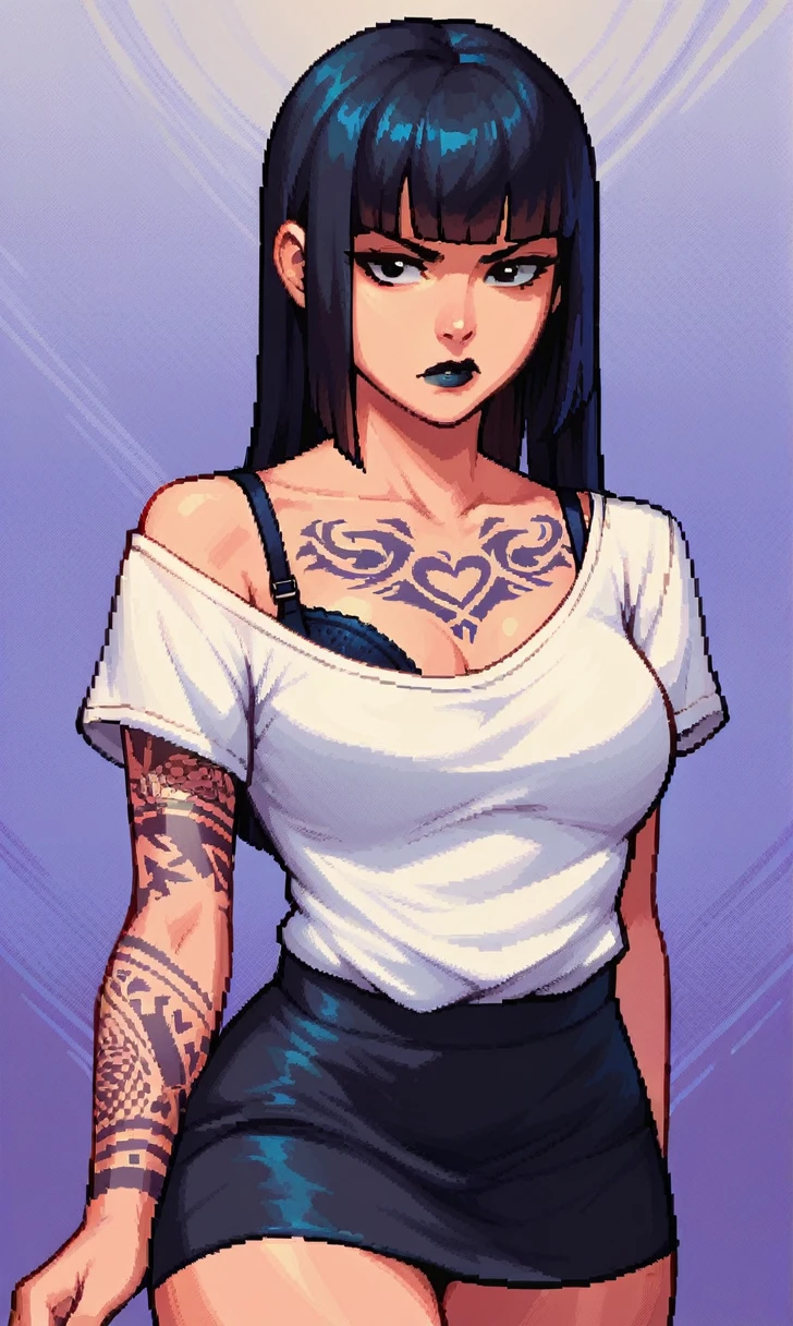 score_9, score_8_up, score_7_up, pixel art, 1girl, simplified background, Asian, white shirt outfit, black skirt, black bra, sunny, lovely, hime cut hair, scowl, black lips, black eyes, tattoos
