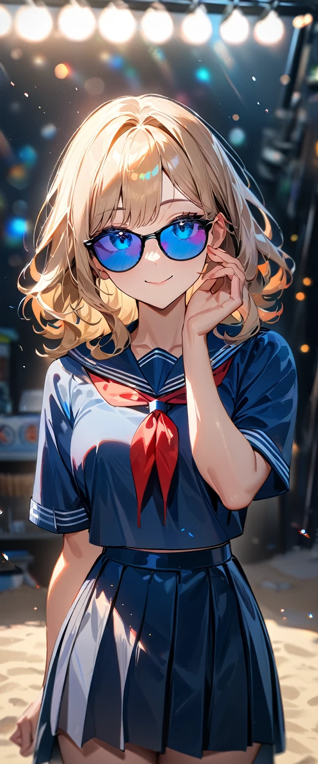 (((One girl))), ((beach)), noon, blond hair, Wavy Hair, bob cut, breasts, from front, (cowboy shot), standard body, (looking at viewer), ((dark blue serafuku out of skirt)), dark blue skirt, ((red ribbon)), ((sunglasses)), hand to sunglasses, ager, head tilt:1.3, (((blue eye))), ((happy smile)), anime style, (best quality, 4k, 8k, highres, masterpiece:1.2, ultra-detailed, ultra-detailed eyes, HDR, UHD, studio lighting, ultra-fine painting, sharp focus, physically-based rendering, extreme detail description, professional, vivid colors, bokeh), ((Highest quality, Best image quality, Ultra-high resolution, Ultra-high resolution, solo, Strong eye highlights)), Depth of written boundary, Natural soft light, attractive, Beautiful Face, Cleanliness, Pure Face, nedium chest, Beautiful Face, Perfect Fingers, Perfect hands, Perfect body, Perfect Face, Shine a light into your eyes, Perfect Anatomy
