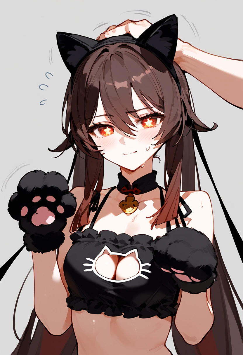 anime artwork, score_9, score_8_up, score_7_up, score_6_up, score_5_up, score_4_up, hu tao, she is 24 years old, style_3, gray background, , , , , _, fake cat ears,, smile, solo, cat lingerie, paw gloves, disembodied hand on her head, headpat, nervous sweating , motion lines