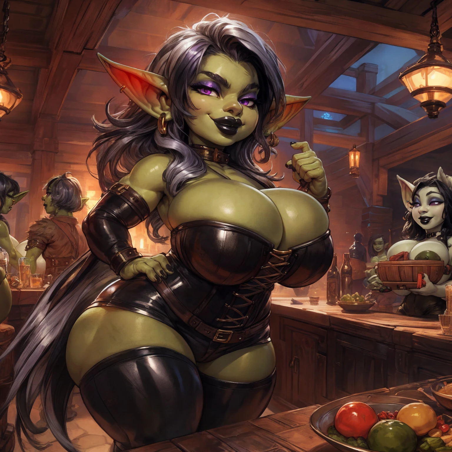 by darkgem, solo, 1girl, goblin, female, older woman, (purple eyes), slender face, plump, curvy, voluptuous, (black hair:1.1), (silver streaks in hair:1.2), (green skin:1.2), (large breasts), (heavy breasts:1.2), milf, black corset, leather pants, cleavage, Masterpiece, best quality, absurd res, highly detailed, tavern environment, seductive smile, big lips, black lipstick, eyeshadow, standing upright, casual pose, hands on table, short, shortstackbt