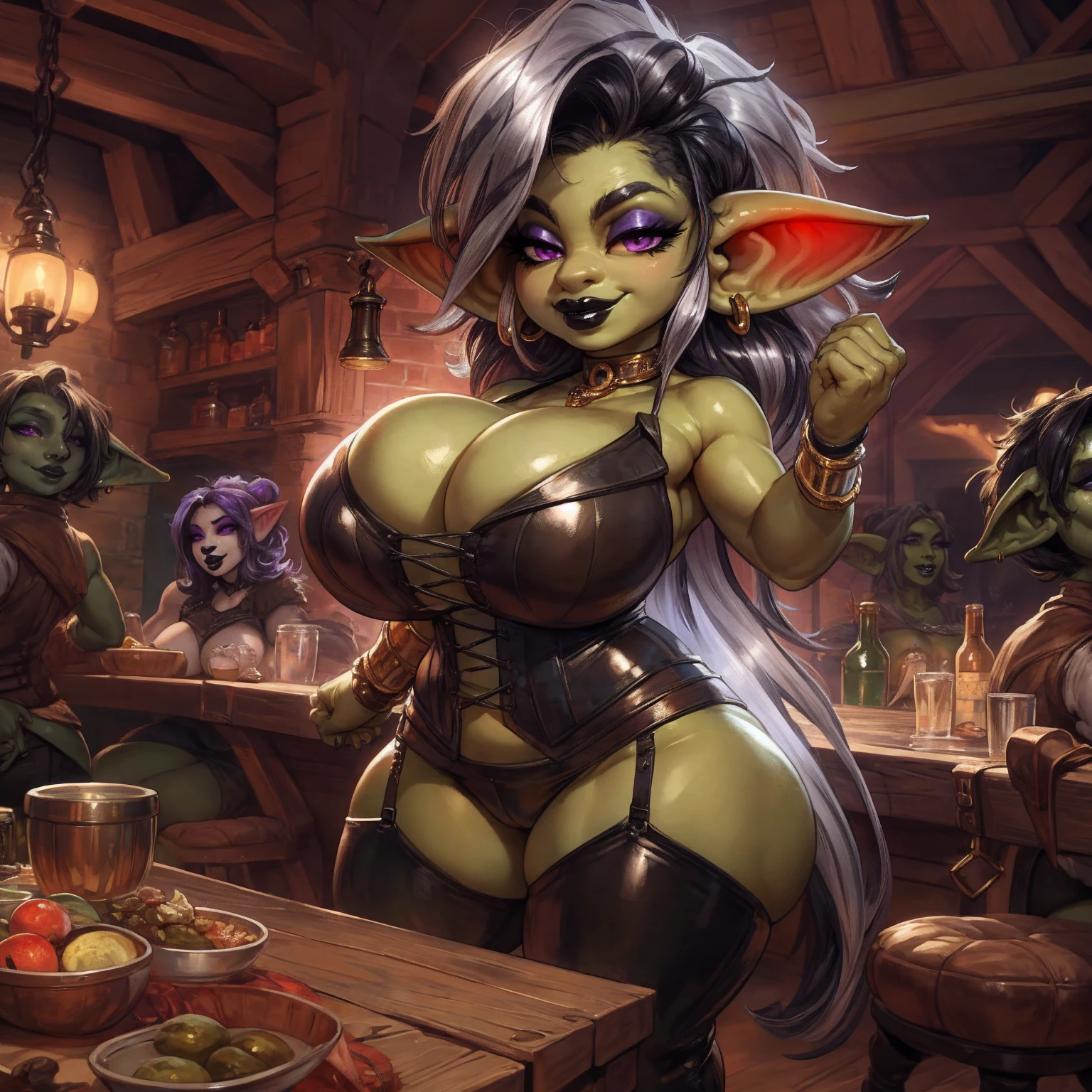 by darkgem, solo, 1girl, goblin, female, older woman, (purple eyes), slender face, plump, curvy, voluptuous, (black hair:1.1), (silver streaks in hair:1.2), (green skin:1.2), (large breasts), (heavy breasts:1.2), milf, black corset, leather pants, cleavage, Masterpiece, best quality, absurd res, highly detailed, tavern environment, seductive smile, big lips, black lipstick, eyeshadow, standing upright, casual pose, hands on table, short, shortstackbt