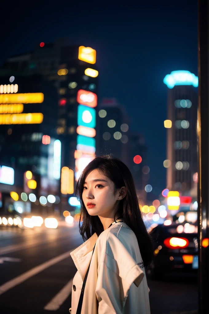 (Cinematic Aesthetic:1.4) Photo of a beautiful korean fashion model bokeh city night
