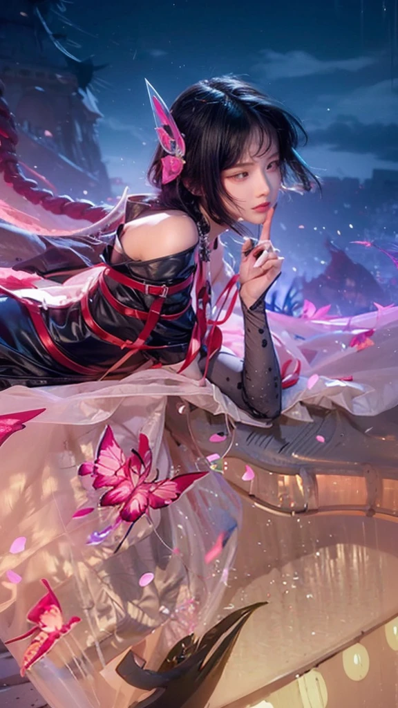 best quality, 1 Girl, dark blue hair, black eyes, Very short hair, Spiky hair, wears sweet black dress luxury，A cropped dress, 171 cm, Messy hair, Hair between the eyes, Tomboy, aldult, 20 years old, A sweet girl by the mountain