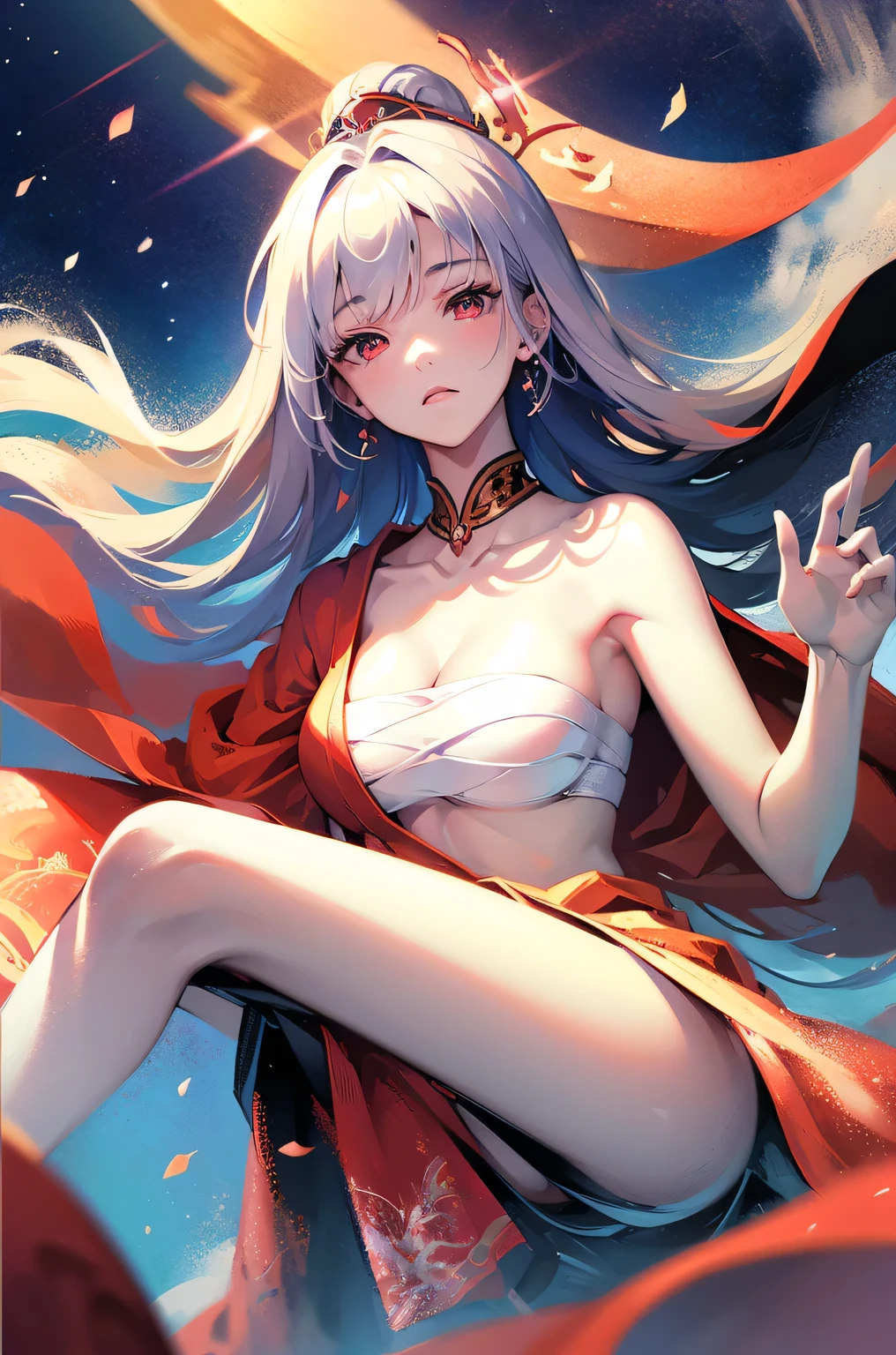 (masterpiece:1.5, Highest quality, Very detailed、 Dutch Angle、Semi-Realistic、Fantasy)(One girl, alone)(White and beautiful hair,Red eyes,Straight Long Hair)(sarashi,kimono,One Shoulder、Haori、One shoulder exposed)(Serious expression、Floating Hair)(Cherry tree、dead tree、Mystical Night、Particles of light float around the woman、Space for fantasy)