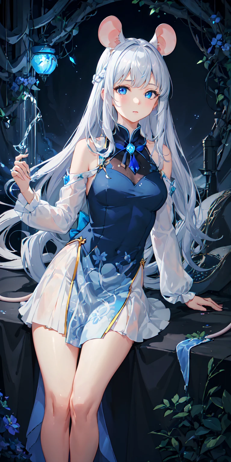 (((mouse or rat)))(俯瞰shape),Dynamic Angle,Very detailed, shape, close, straight, One Girl, (Fantasy:1.4), (blue eyes:1.233),Her eyes shone like dream-like stars,(Glowing Eyes:1.233),(Beautiful and exquisite:1.1),(Silver Hair:1.14),(Messy Hair,Very long hair,French Braid,Hair between the eyes,Side Lock), (Chiffon dress,blue floral pattern on uniform)/=(uniform:1.24),,(White flower,bloom),(deep sea),(Flowing water),(Dull Blue World Tree:1.14),(Remaining),(night:1.2),dream-like,soul,(Firefly Details),(Soup Packet:0.5),