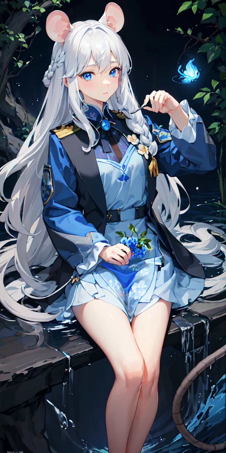 (((mouse or rat)))(俯瞰shape),Dynamic Angle,Very detailed, shape, close, straight, One Girl, (Fantasy:1.4), (blue eyes:1.233),Her eyes shone like dream-like stars,(Glowing Eyes:1.233),(Beautiful and exquisite:1.1),(Silver Hair:1.14),(Messy Hair,Very long hair,French Braid,Hair between the eyes,Side Lock), (Chiffon dress,blue floral pattern on uniform)/=(uniform:1.24),,(White flower,bloom),(deep sea),(Flowing water),(Dull Blue World Tree:1.14),(Remaining),(night:1.2),dream-like,soul,(Firefly Details),(Soup Packet:0.5),