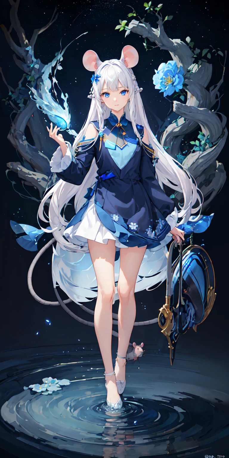 (((mouse or rat)))(俯瞰shape),Dynamic Angle,Very detailed, shape, close, straight, One Girl, (Fantasy:1.4), (blue eyes:1.233),Her eyes shone like dream-like stars,(Glowing Eyes:1.233),(Beautiful and exquisite:1.1),(Silver Hair:1.14),(Messy Hair,Very long hair,French Braid,Hair between the eyes,Side Lock), (Chiffon dress,blue floral pattern on uniform)/=(uniform:1.24),,(White flower,bloom),(deep sea),(Flowing water),(Dull Blue World Tree:1.14),(Remaining),(night:1.2),dream-like,soul,(Firefly Details),(Soup Packet:0.5),