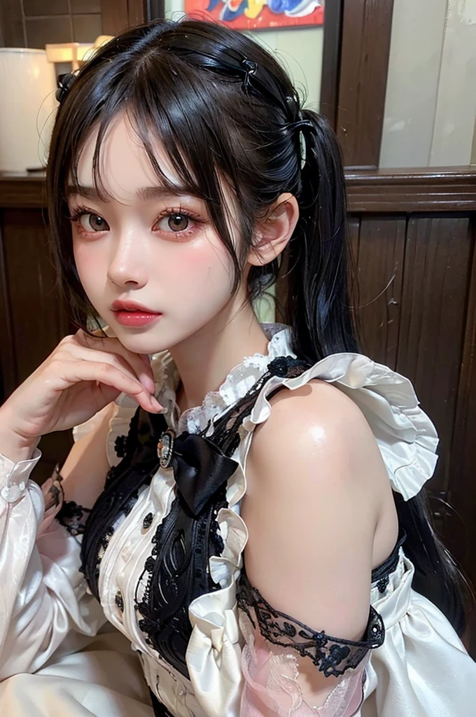 (Highest quality, masterpiece:1.3), ((Beautifully detailed face)), beautifully detailed skin, Intricate details, Very detailed, Best image quality in 8K, (18-year-old girl),Japanese Girls,,(Detailed Hair,Twin tails:1.4,Black Hair),Detailed lips,Open your mouth,(bed),blush,Embarrassing,Realistic Face,Realistic Skin,(sexy:2.0,Clothes are disheveled),(Vibrant Skin,Moisturized Skin:1.2),Vivid lips,Lip gloss,The whole body is shown