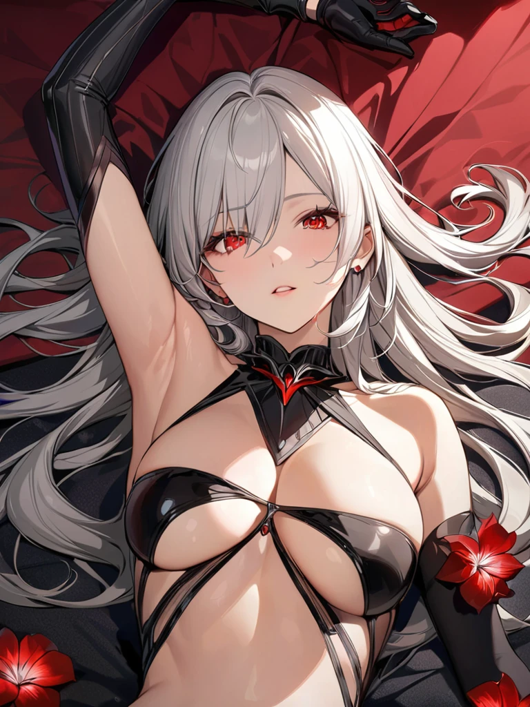 (masterpiece, top quality, best quality, official art, beautiful and aesthetic:1.2),(8k, best quality, masterpiece:1.2), (((masterpiece))),(((best quality))),(((extremely detailed))),illustration,who, (masterpiece, top quality, best quality, official art, beautiful and aesthetic:1.2),(8k, best quality, masterpiece:1.2), detailed, (masterpiece:1.2), (pale_skin:1.2), (solo:1.2), (female), slender, (glowing_eyes), red_eyes, shorts, long_hair, gloves, flower, navel, white_hair, armpits, black_gloves, short_shorts, tattoo, black_shorts, red clock, parted_lips, lying, single_glove, on_back, eyes_visible_through_hair, stomach, red_flower, bangs, belt, arm_up, midriff, asymmetrical_gloves, cowboy_shot, detached_sleeves, bare_shoulders, red_gloves
