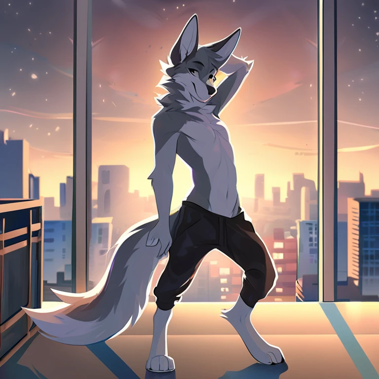Solo, male, furry art, fursona, ((canine)), (((grey primary fur))), white secondary, (perky ears), cool pose, city background, amazing art, masterfully executed, beautiful background, normal body, paws.