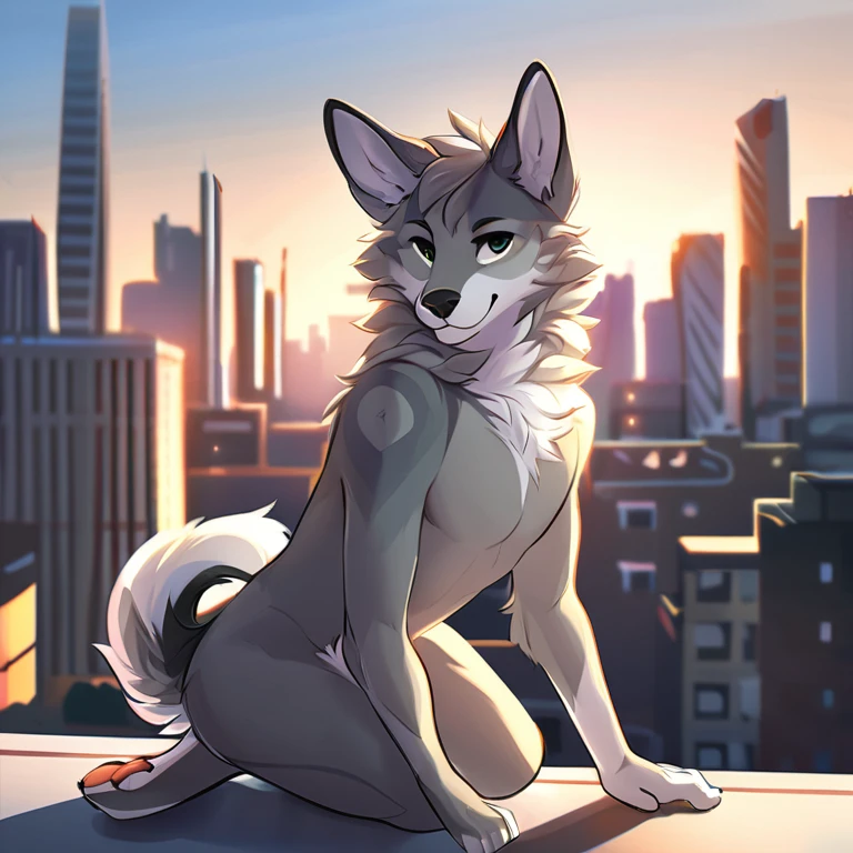 Solo, male, furry art, fursona, ((canine)), (((grey primary fur))), white secondary, (perky ears), cool pose, city background, amazing art, masterfully executed, beautiful background, normal body, paws.