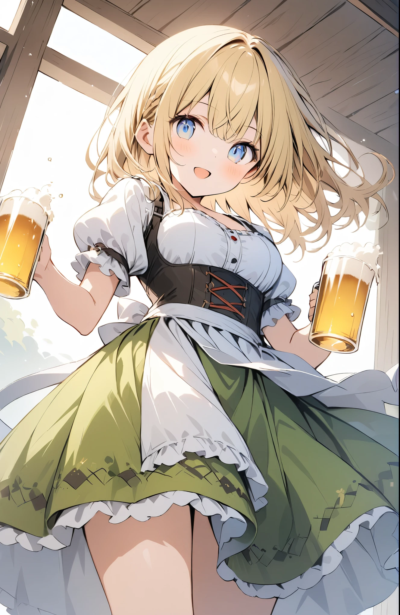 Very detailed、Very absurd、超High resolution, Attention to detail, high quality, High resolution, 最high quality, 4K, 8K, Awards,German folk costume,((dirndl,holding cup,beer mug,short puffy sleeves)),(白いシャツ),((Blonde:1.5)),(blue eyes:0.9),(Green Skirt),(White apron),Girl walking through the German meadow、cute、Grassland Background、The grass sways in the wind