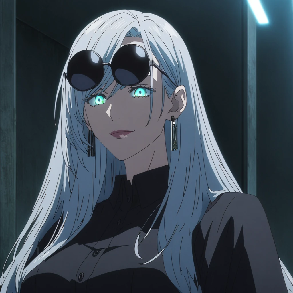 1girl, female gojo satoru, anime screencap from jujutsu kaisen, gojo satoru female version, solo, long_hair, ((Blue universal eyes)) ((Silver_hair)), night view, (hanging breasts) upper_body, smile, indoors, book, green_eyes, lips, (side swept bangs) ((wearing black colour outfit with button)) breast, "very detailed and high resolution" (Blue universal eyes) (cross arms) ((long hair)) ((solo)) (front view) (earings) ((high resolution)) ((good quality)) ((side swept bangs)) ((silver hair)) ((wearing round sunglasses on the head))