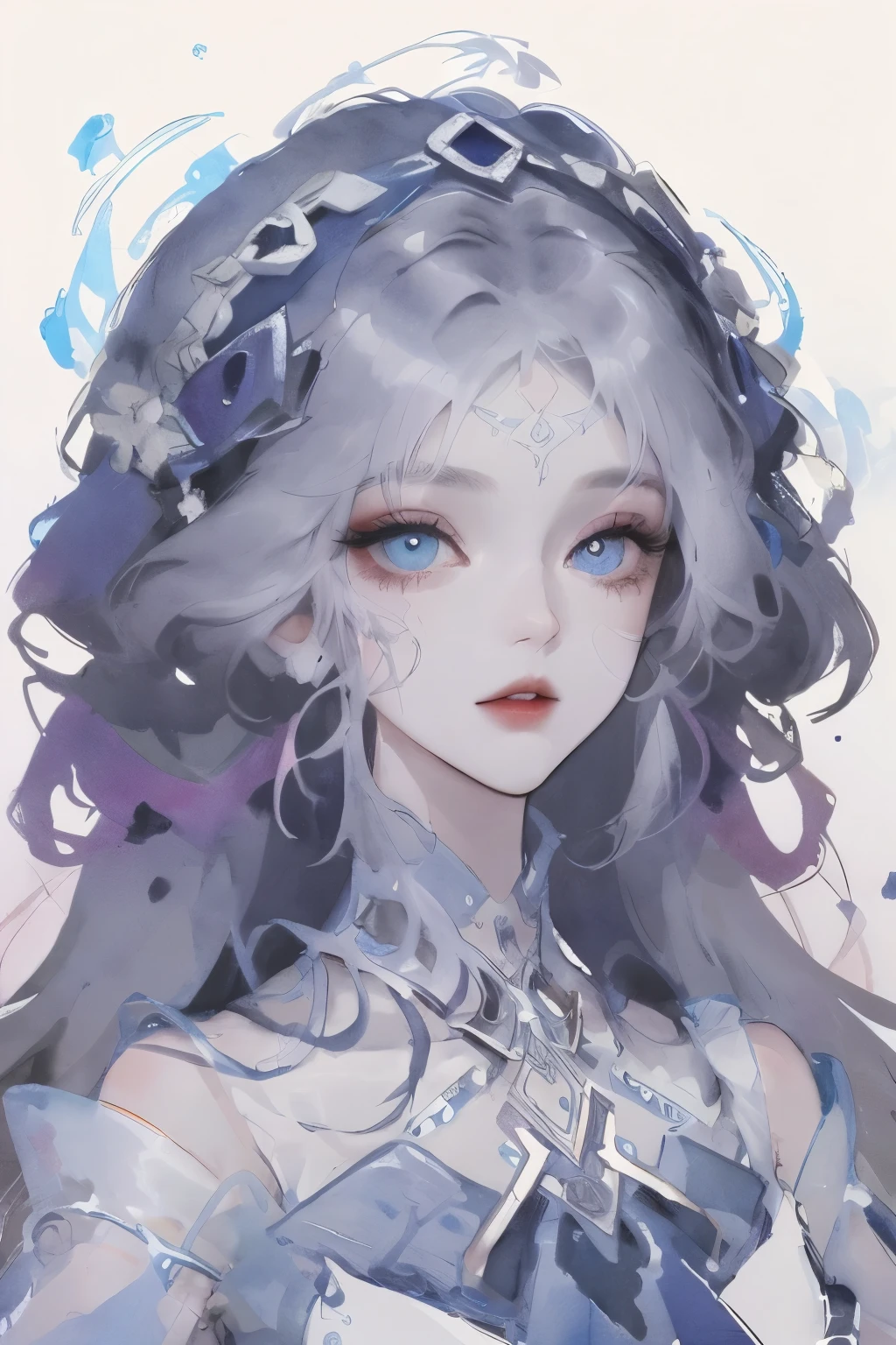 Sketch drawn with watercolor，A highly detailed head portrait showing her with flowers in her hair, Extremely detailed eyes, beautiful eyes, Image perfectly centered, White space around the drawing, Focus on facial lines, Drip watercolor, Ink Outline, The Artistic Fusion of Carnegie Griffith and Alphonse Mucha, 32k resolution, Best possible quality, like a doll