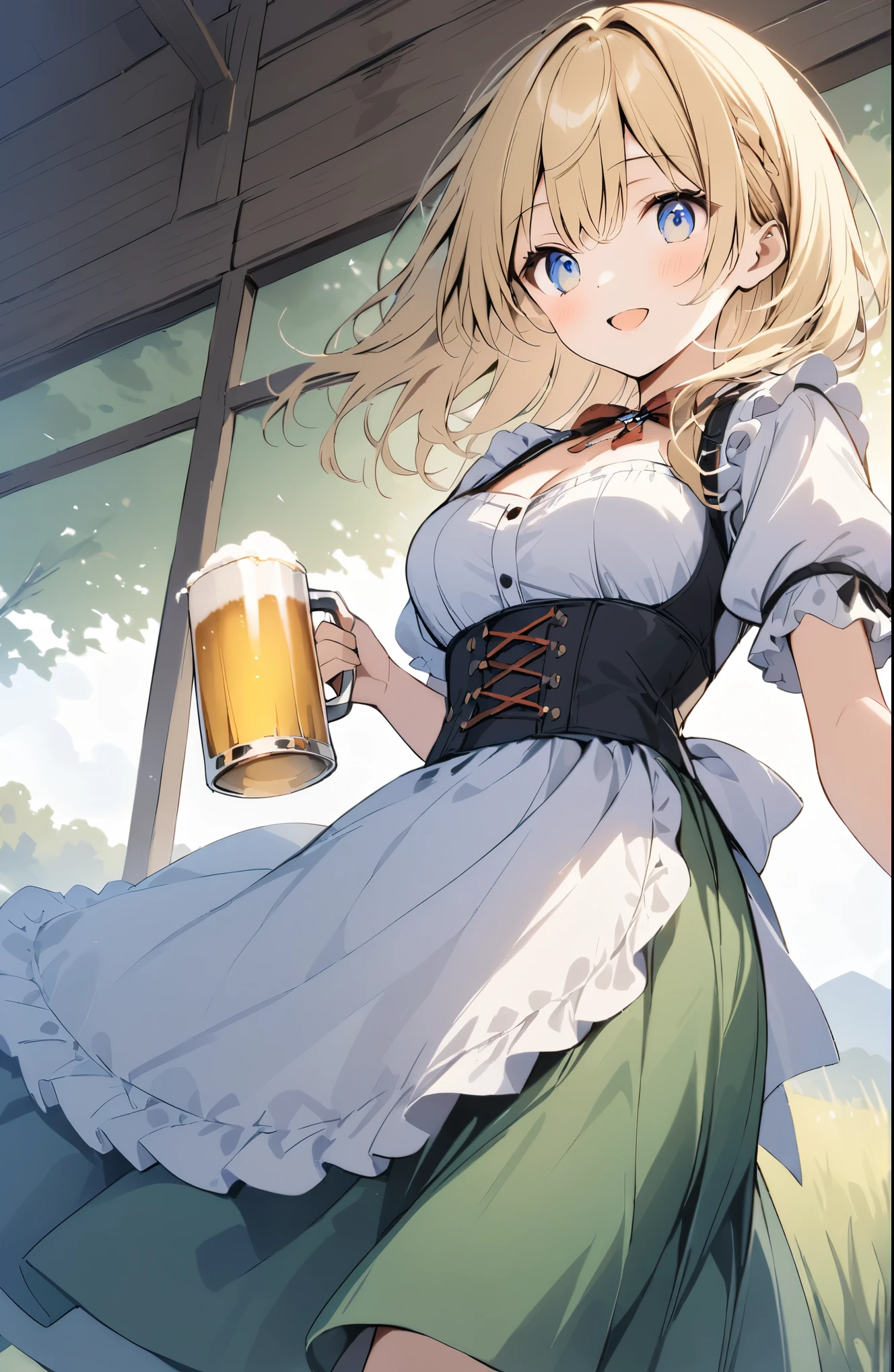 Very detailed、Very absurd、超High resolution, Attention to detail, high quality, High resolution, 最high quality, 4K, 8K, Awards,German folk costume,((dirndl,holding cup,beer mug,short puffy sleeves)),(白いシャツ),((Blonde:1.5)),(blue eyes:0.9),(Green Skirt),(White apron),Girl walking through the German meadow、cute、Grassland Background、The grass sways in the wind