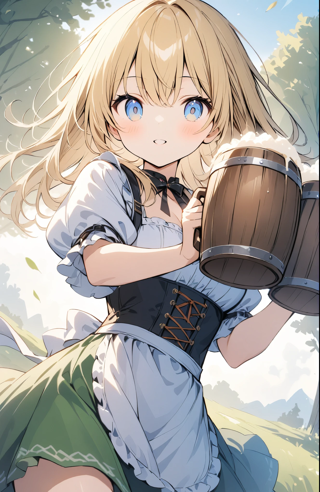 Very detailed、Very absurd、超High resolution, Attention to detail, high quality, High resolution, 最high quality, 4K, 8K, Awards,German folk costume,((dirndl,holding cup,beer mug,short puffy sleeves)),(白いシャツ),((Blonde:1.5)),(blue eyes:0.9),(Green Skirt),(White apron),Girl walking through the German meadow、cute、Grassland Background、The grass sways in the wind