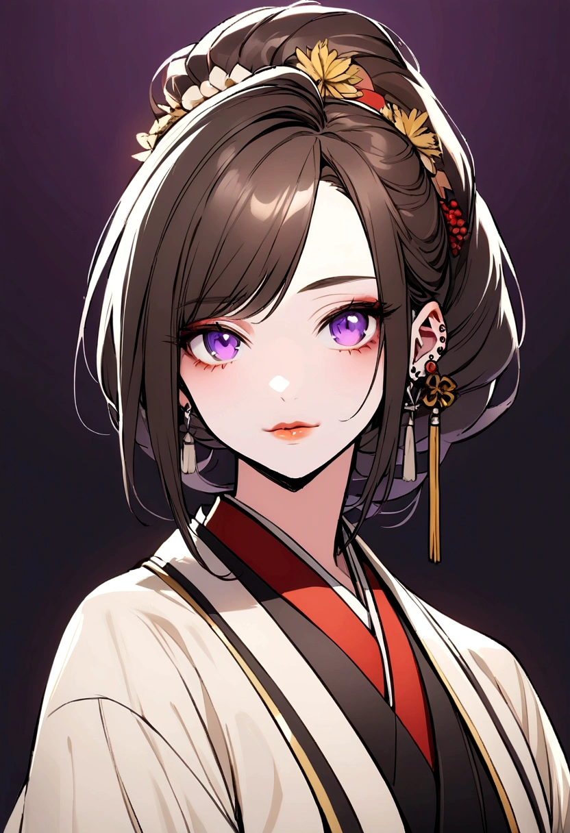 - Graceful and elegant with a striking presence.
- Long, wavy dark brown hair and piercing purple eyes.
- Often depicted in a blend of traditional Japanese and modern attire, reflecting her unique heritage and style.
- Radiates confidence and intelligence through her posture and expressions.
