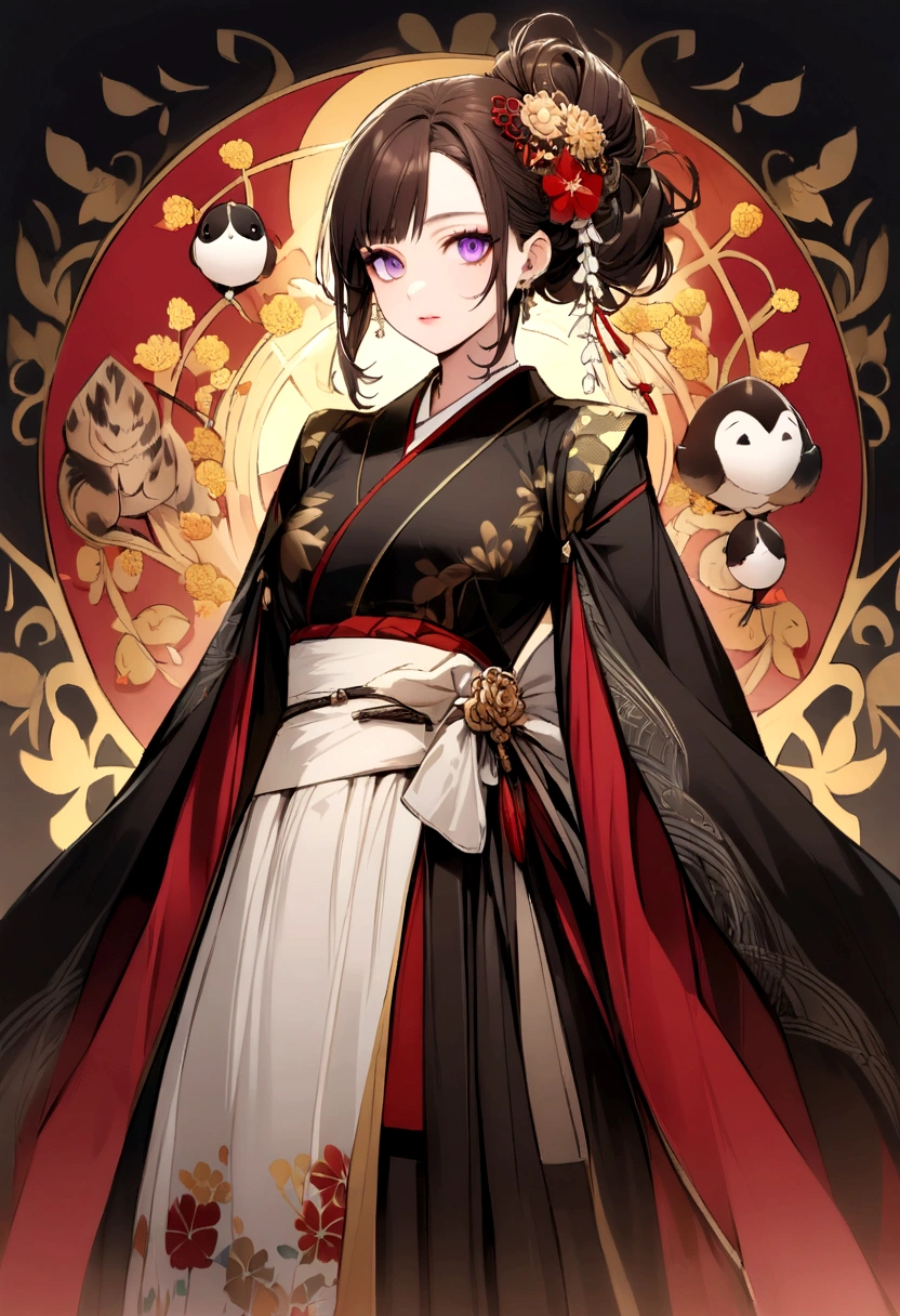 - Graceful and elegant with a striking presence.
- Long, wavy dark brown hair and piercing purple eyes.
- Often depicted in a blend of traditional Japanese and modern attire, reflecting her unique heritage and style.
- Radiates confidence and intelligence through her posture and expressions.