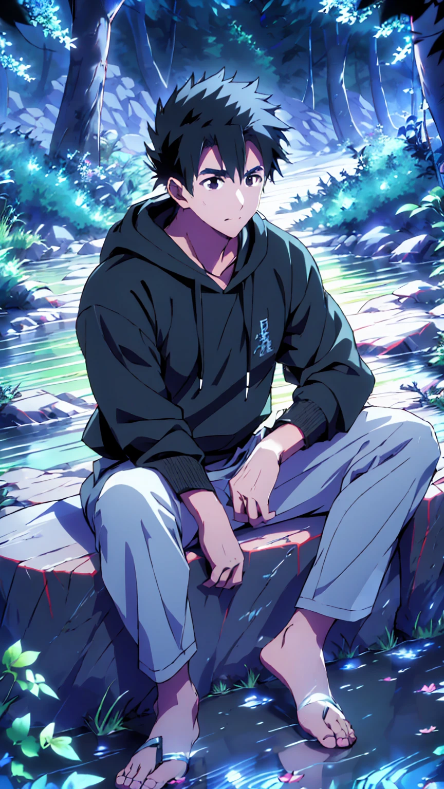 ((Highest quality)), ((masterpiece)), (detailed), Highest quality、High resolution、８K、A plain black hoodie、One adult male、33 years old、Sharp black eyes、Slightly permed black hair、Japanese anime-like style、超High resolutionかわいい萌えアニメ8k、handsome face manly、Slender and muscular、barefoot、sitting on a stone、Spread your legs、night、Forest landscape、lake、darkness、Surrounded by lots of fireflieoonlight